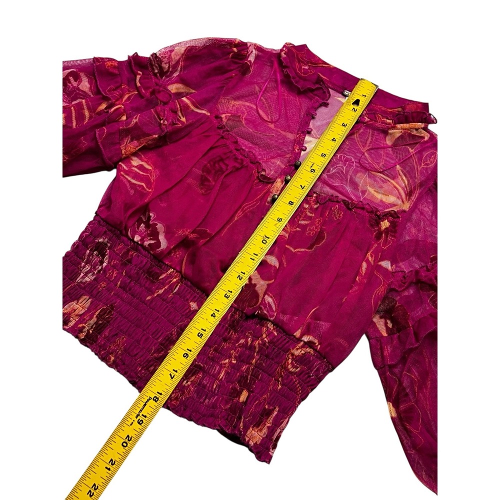 Free People‎ Blouse Womens Small Magenta Floral Sheer Mesh Smocked Ruffle Top - Picture 5 of 12